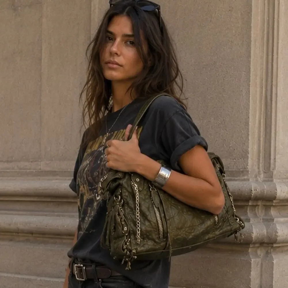 Olivia Harris Olive Green Genuine Leather City Satchel Boho Moto Bag